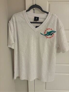 NFL White Sequin V-Neck Tee with Teal and Orange Dolphin Logo